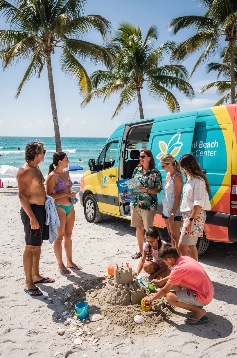 Группа туристов у мобильного центра с интерактивными картами и информацией о лучших маршрутах по США.